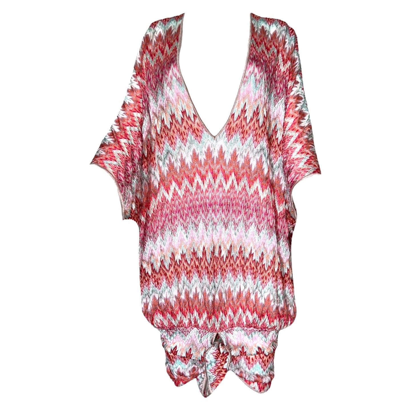 UNWORN Missoni Pink Crochet Knit V-Neck Kaftan Tunic Dress 38 For Sale
