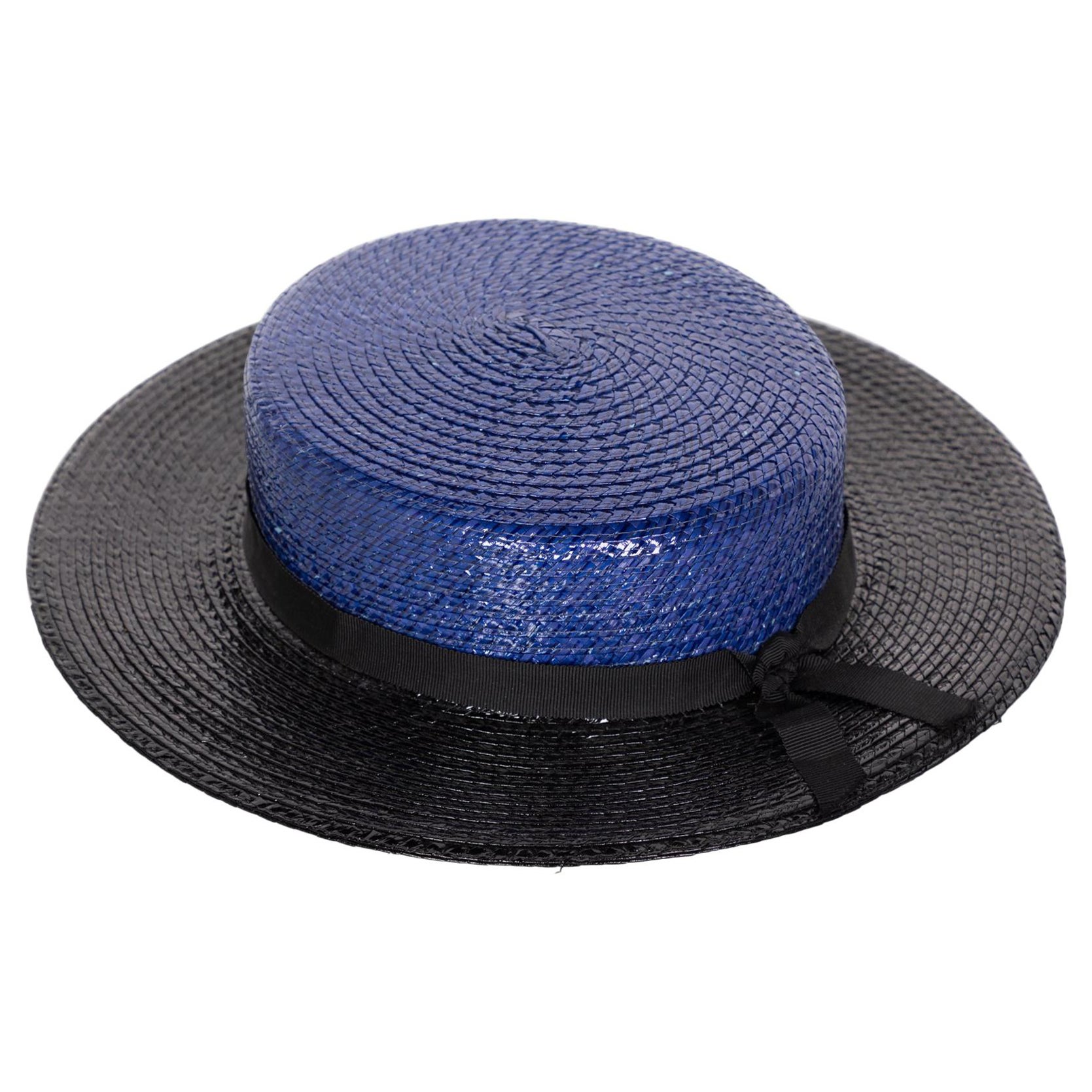 Yves Saint Laurent YSL Vintage Glossy Blue and Black Straw Hat, 1990s For Sale