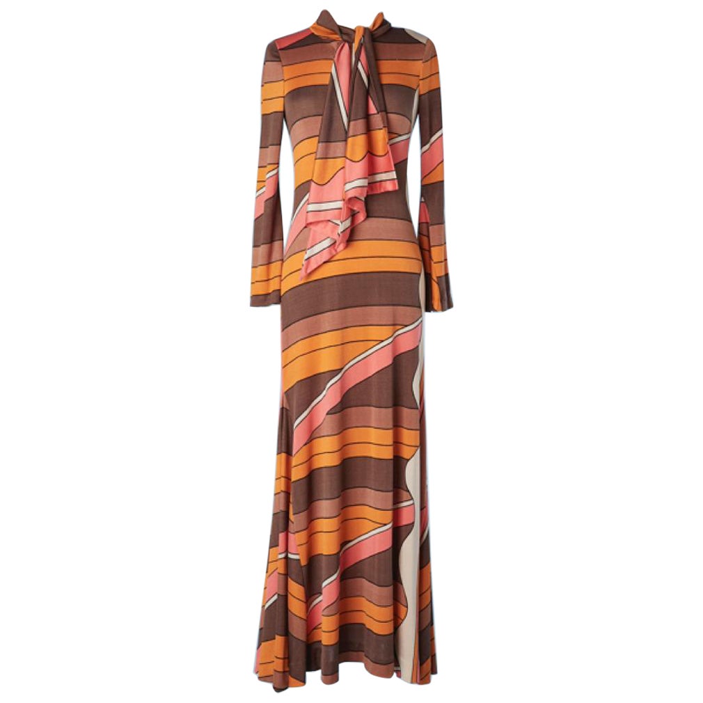 Maxi printed silk jersey dress with bow tie Louis Féraud Paris Circa 1970's  For Sale