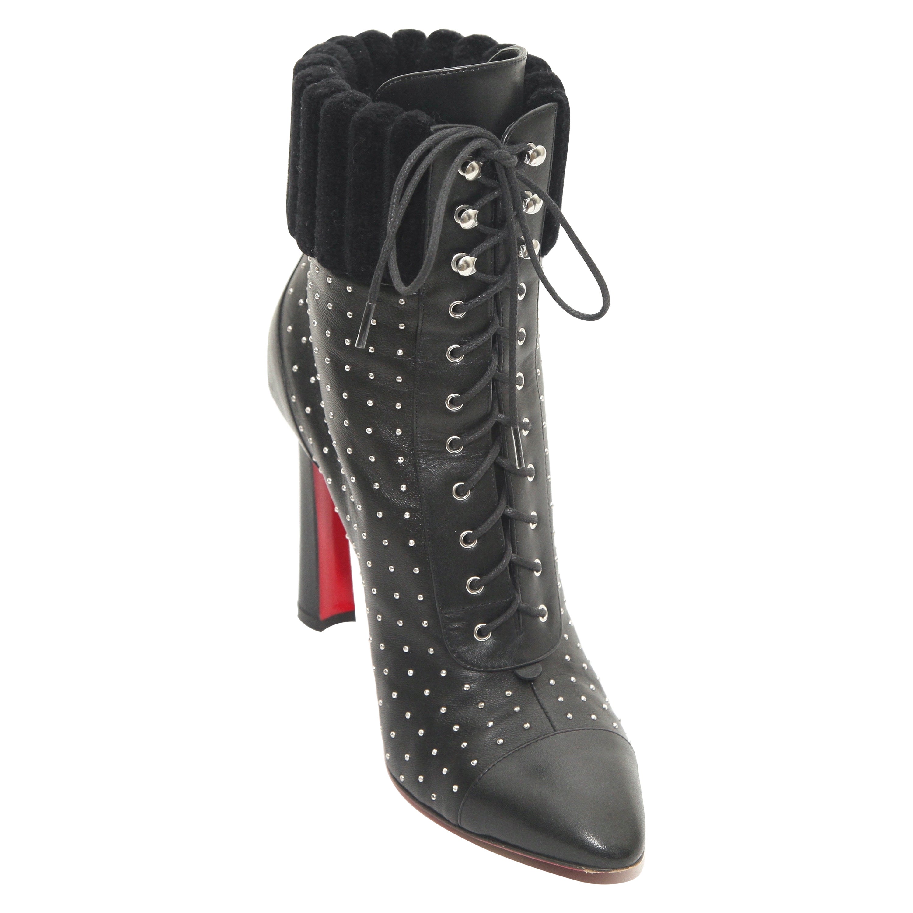 CHRISTIAN LOUBOUTIN Black Leather Ankle Boot Silver Studs Lace Up Toe Sz 38.5