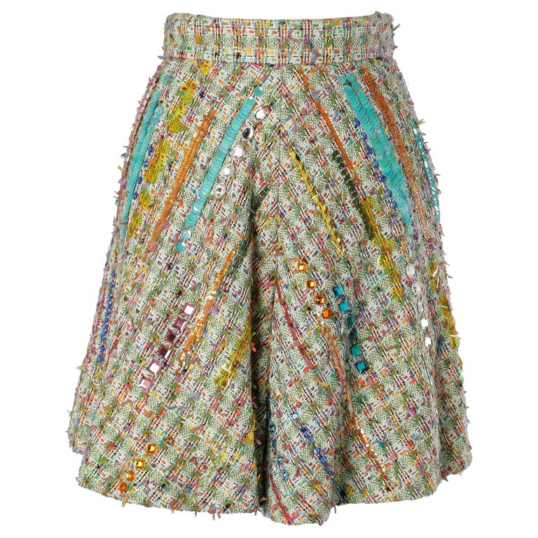 Multicolor tweed short with sequins, rhinestone and beads embroideries  Rochas  For Sale