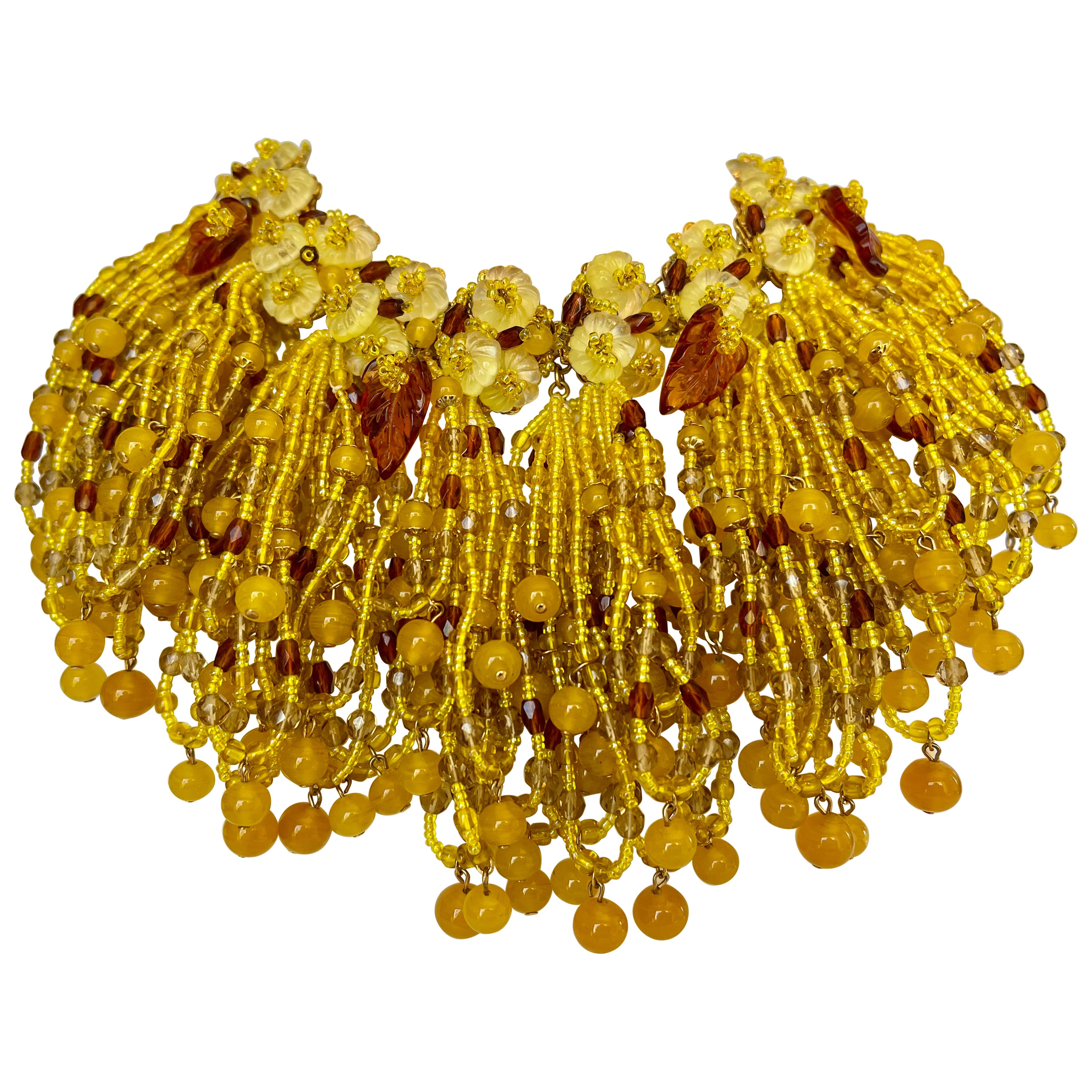 Vintage William de Lillo Yellow Beaded Fringe Leaves Necklace  For Sale