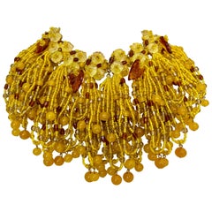 Vintage William de Lillo Yellow Beaded Fringe Leaves Necklace 