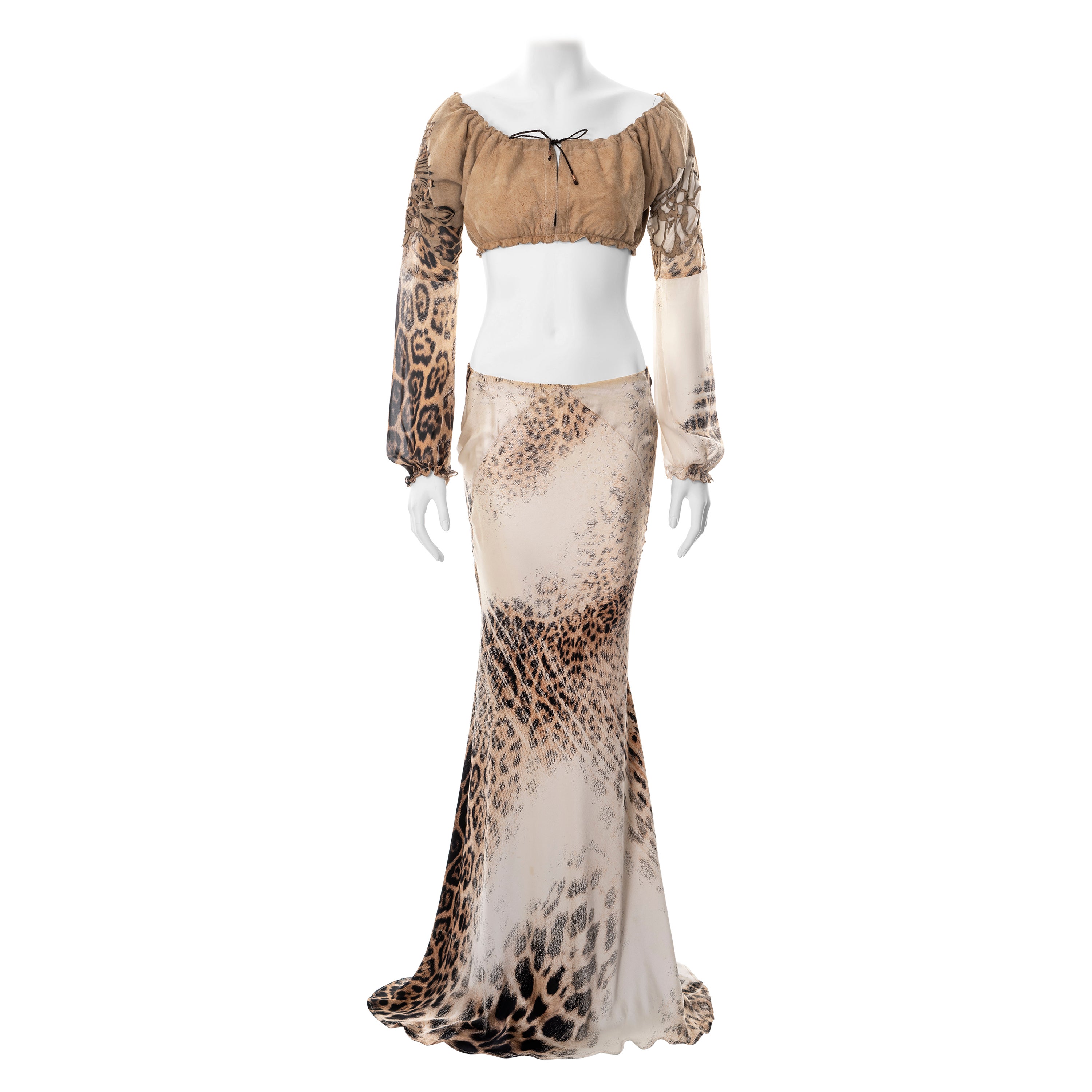 Roberto Cavalli leopard print silk and leather top and maxi skirt set, ss 2002
