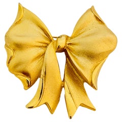 Vintage Vtg matte gold bow designer runway brooch