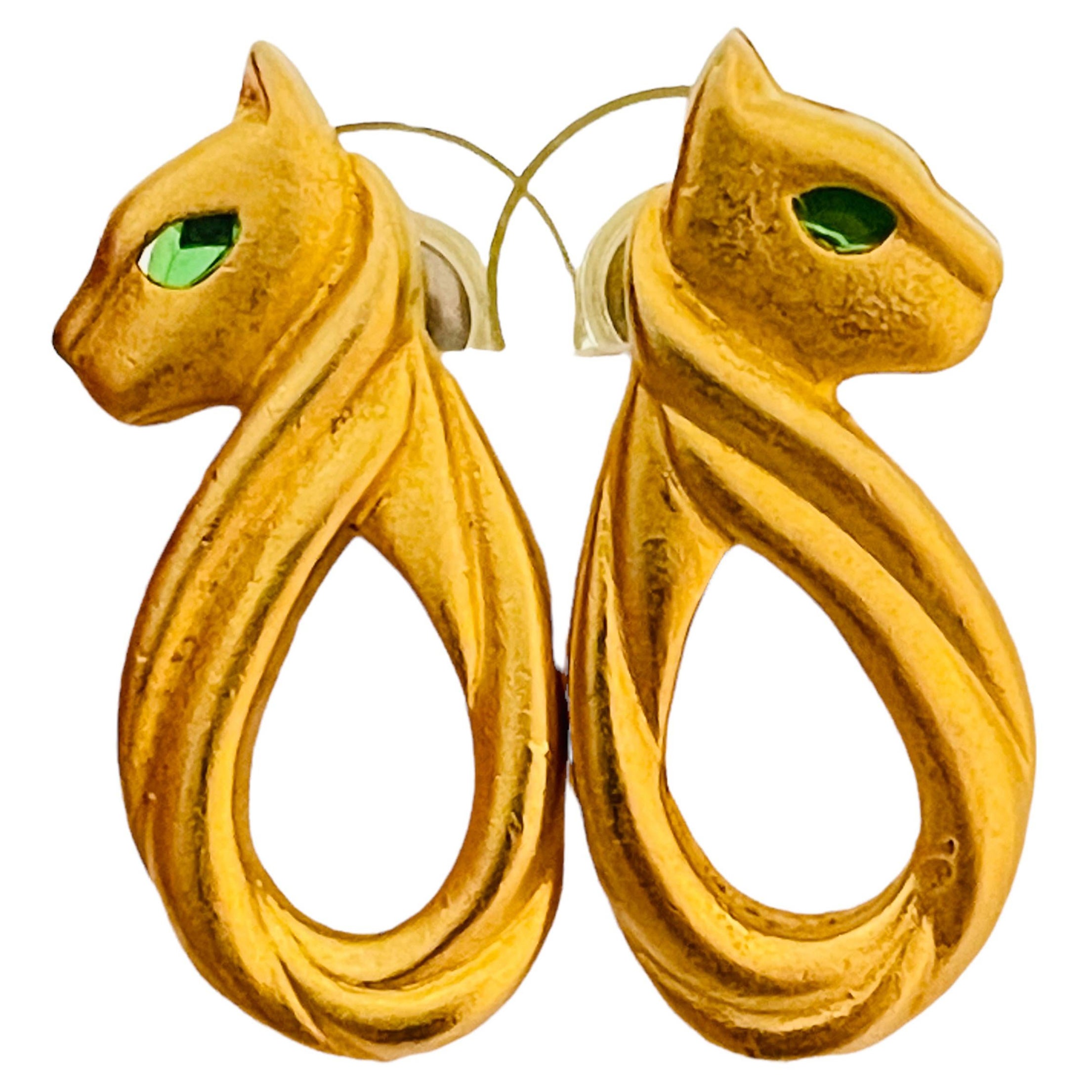 Vtg matte gold cat emerald eye earrings designer runway