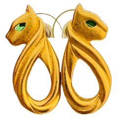 Vintage Vtg matte gold cat emerald eye earrings designer runway