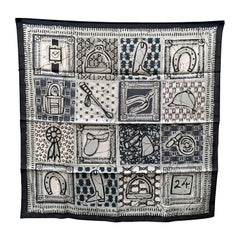 Hermes Paris Navy Black White Le Boubou H Cotton Carre 70 Scarf