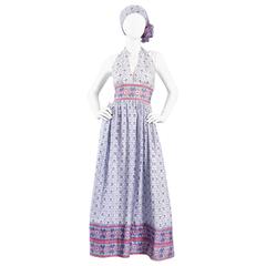 Vintage Lovely 1970s Ethnic India Print Backless Cotton Halter Dress with Scarf
