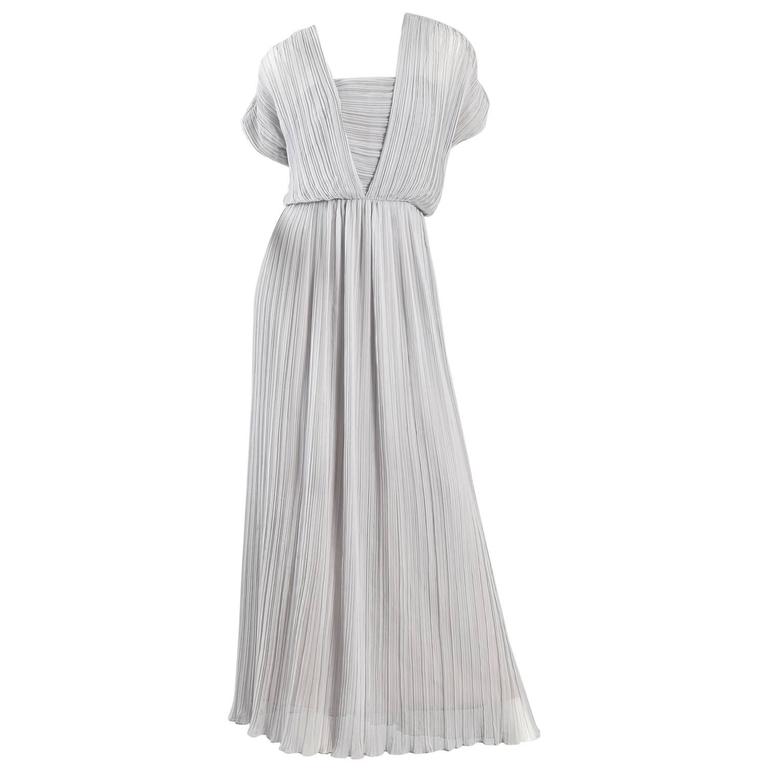 Victor Costa Dove Grey Grecian Pleated Evening Gown For Sale at 1stDibs