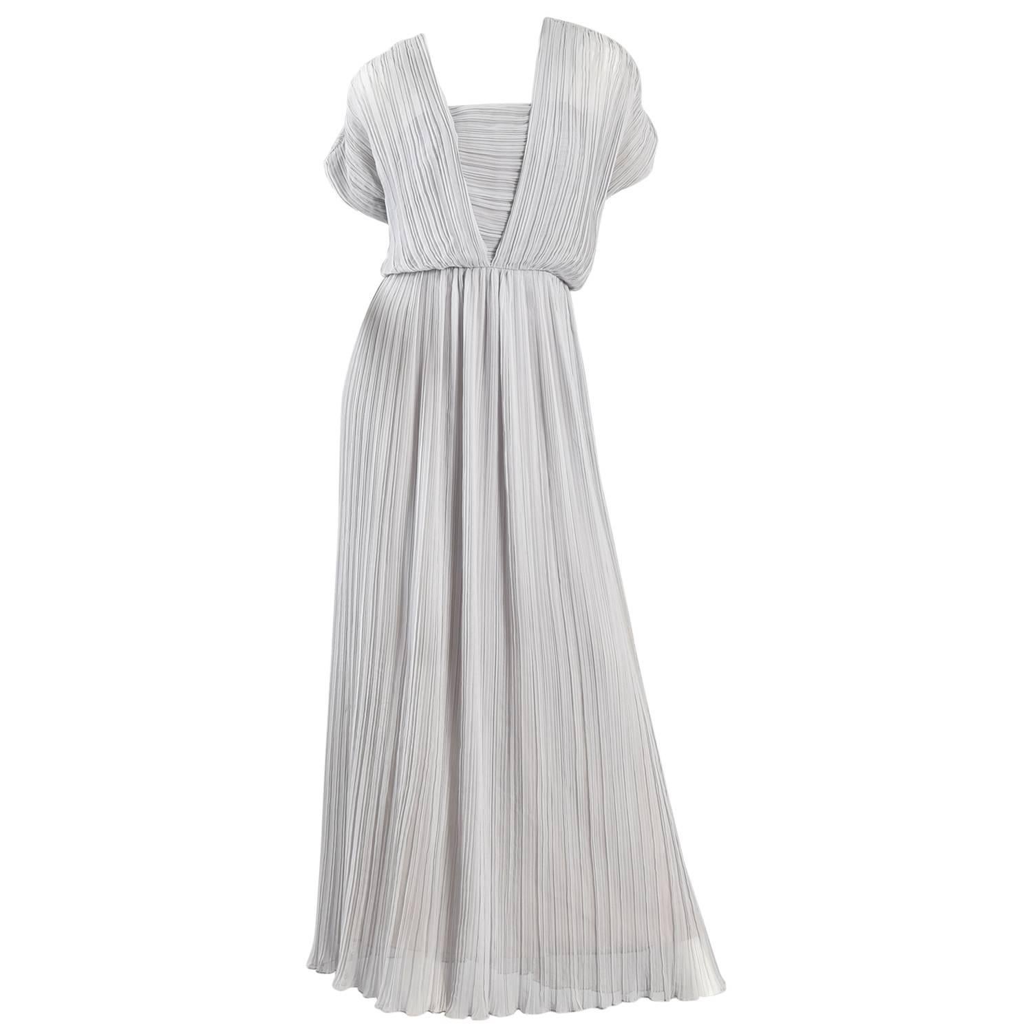 Victor Costa Dove Grey Grecian Pleated Evening Gown For Sale