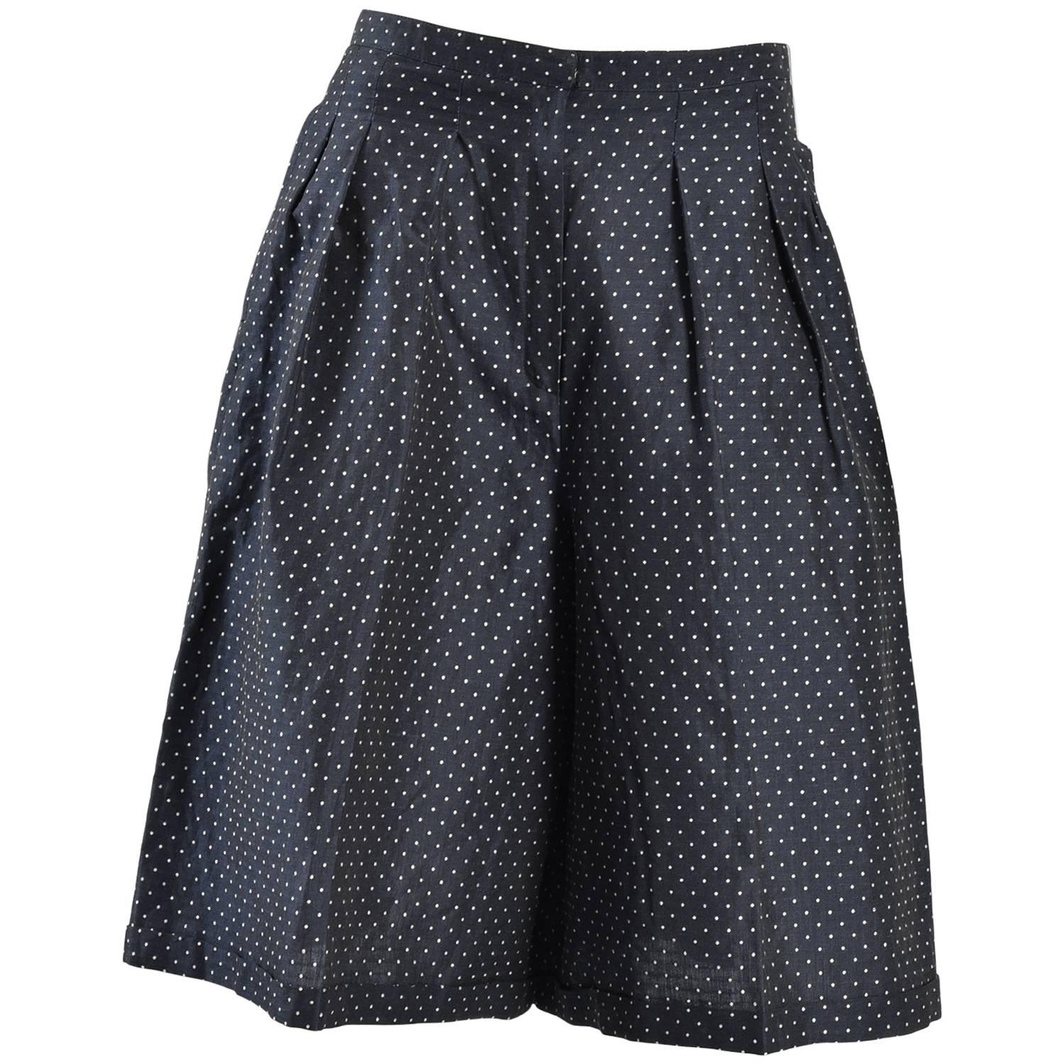 Navy Blue & White Flared Polkadot Culottes Shorts For Sale