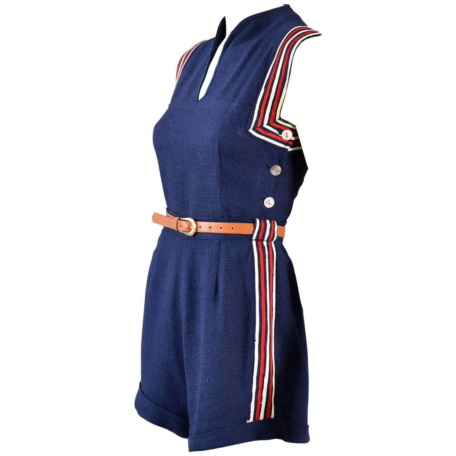 1940s Red White & Blue Button Up Sailor Playsuit For Sale