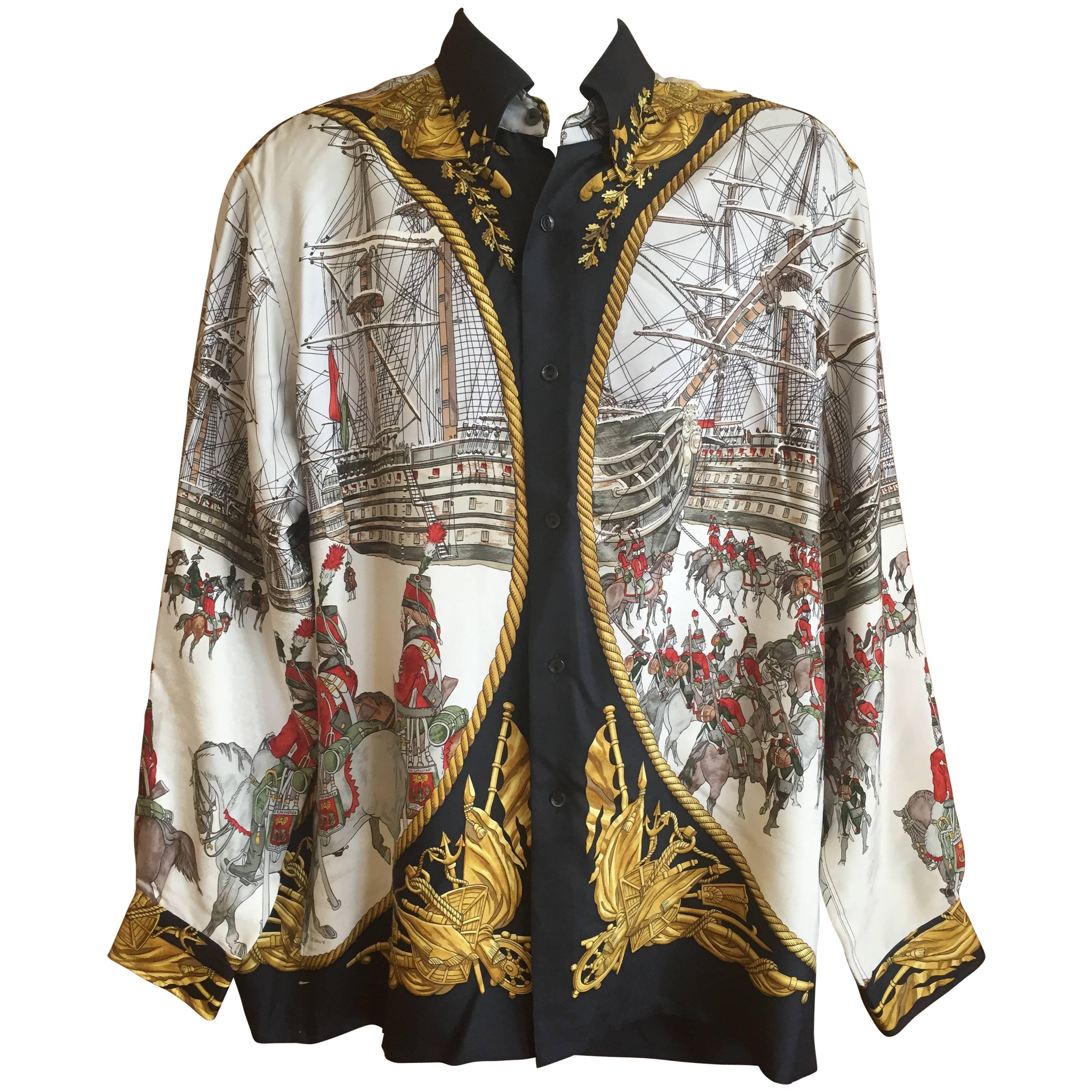 Hermes Gentleman's Vintage Silk Shirt, "Marine et Cavaleriie" Pattern For Sale