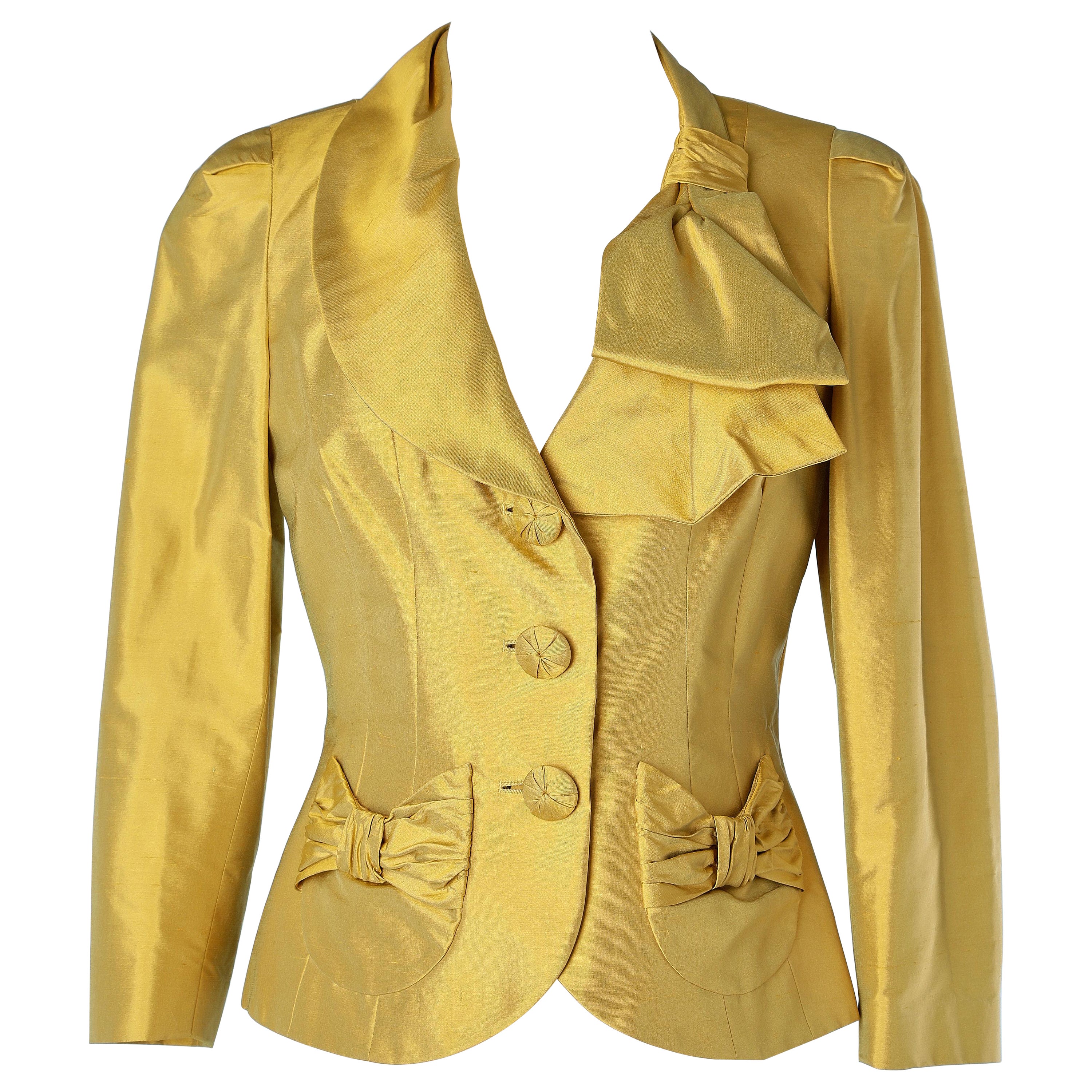 Yellow raw silk cocktail jacket with bow on pocket and collar Luisa Spagnoli  For Sale