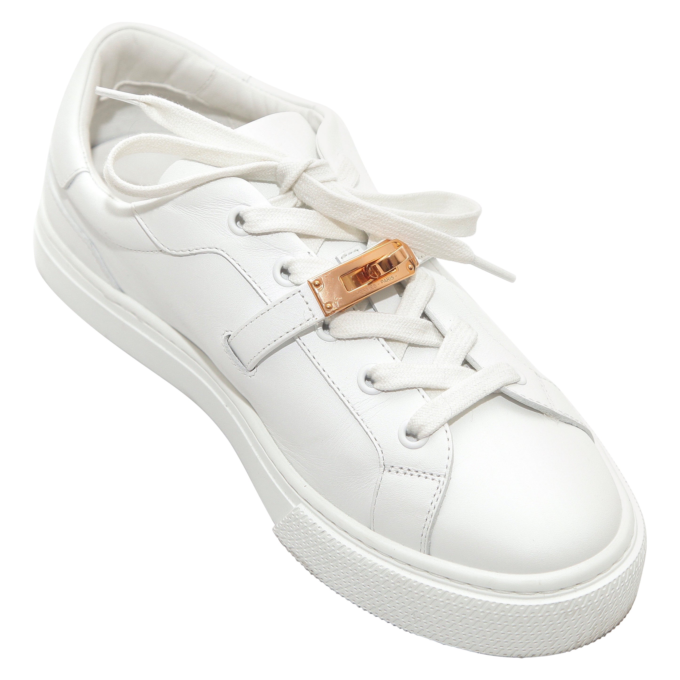 HERMES White Leather DAY Sneakers Rose Gold Turn Lock Lace-Up Low Top Sz 38  For Sale at 1stDibs