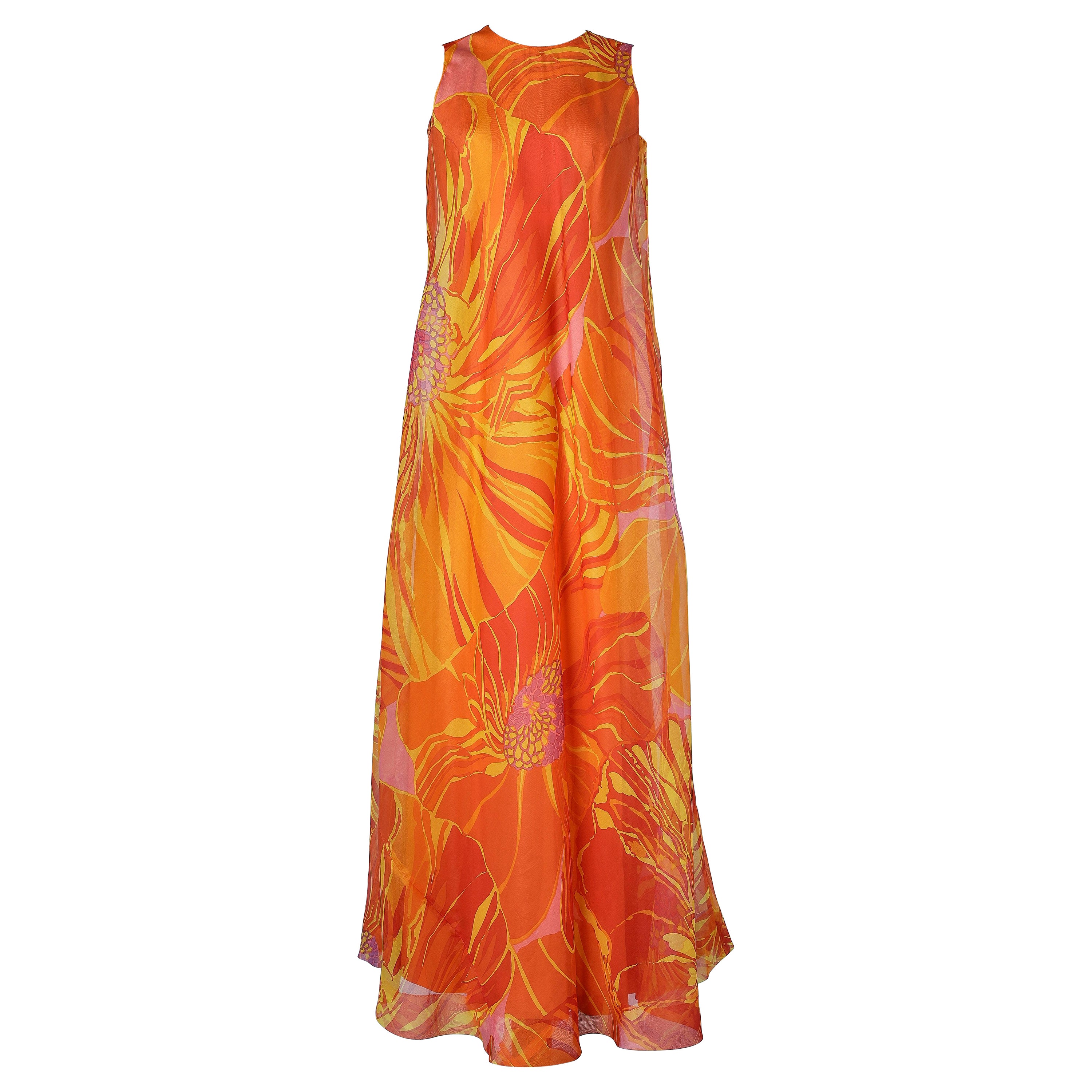 Long evening dress in flowers printed chiffon Anne Valone Circa 1970's  For Sale