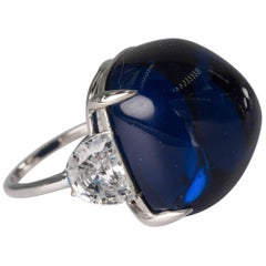 Vintage Royal Kashmir Royal Blue Cabochon Lab Sapphire Diamond Ring by Clive Kandel