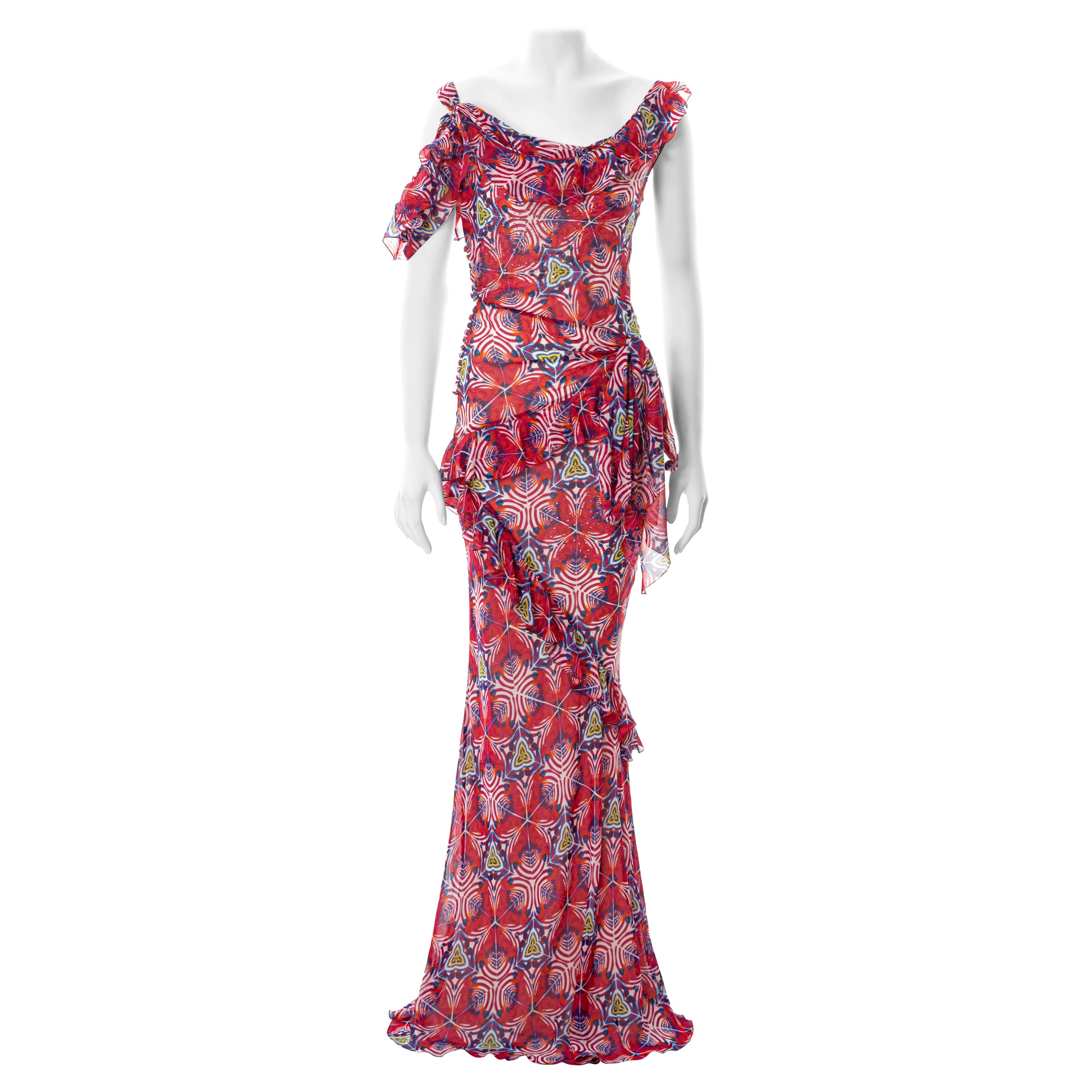 John Galliano red printed silk chiffon evening dress, ss 2002 For Sale