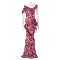 John Galliano abito da sera in chiffon di seta stampato rosso, ss 2002