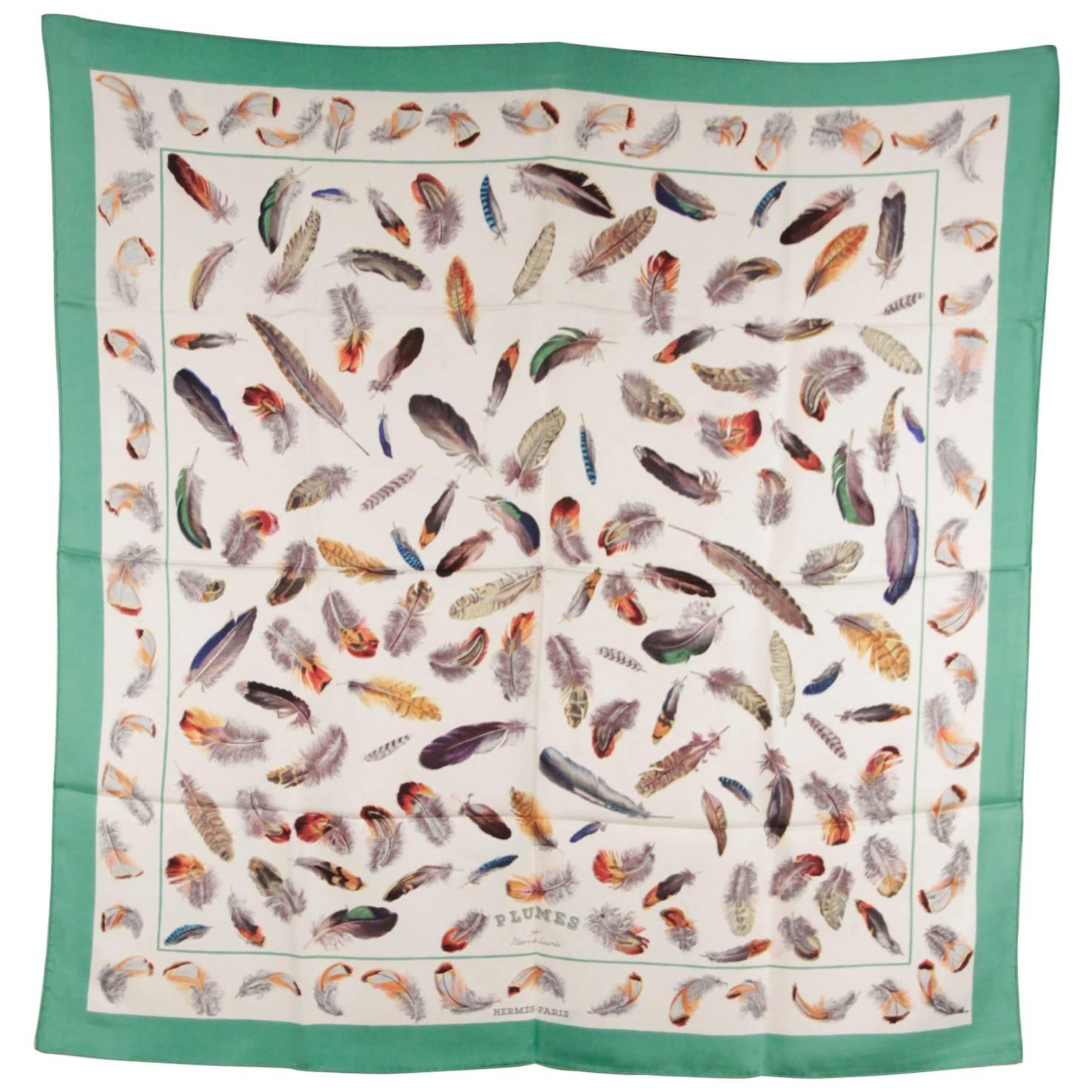HERMES Green Silk SCARF PLUMES Feathers 1953 Henri De Linares