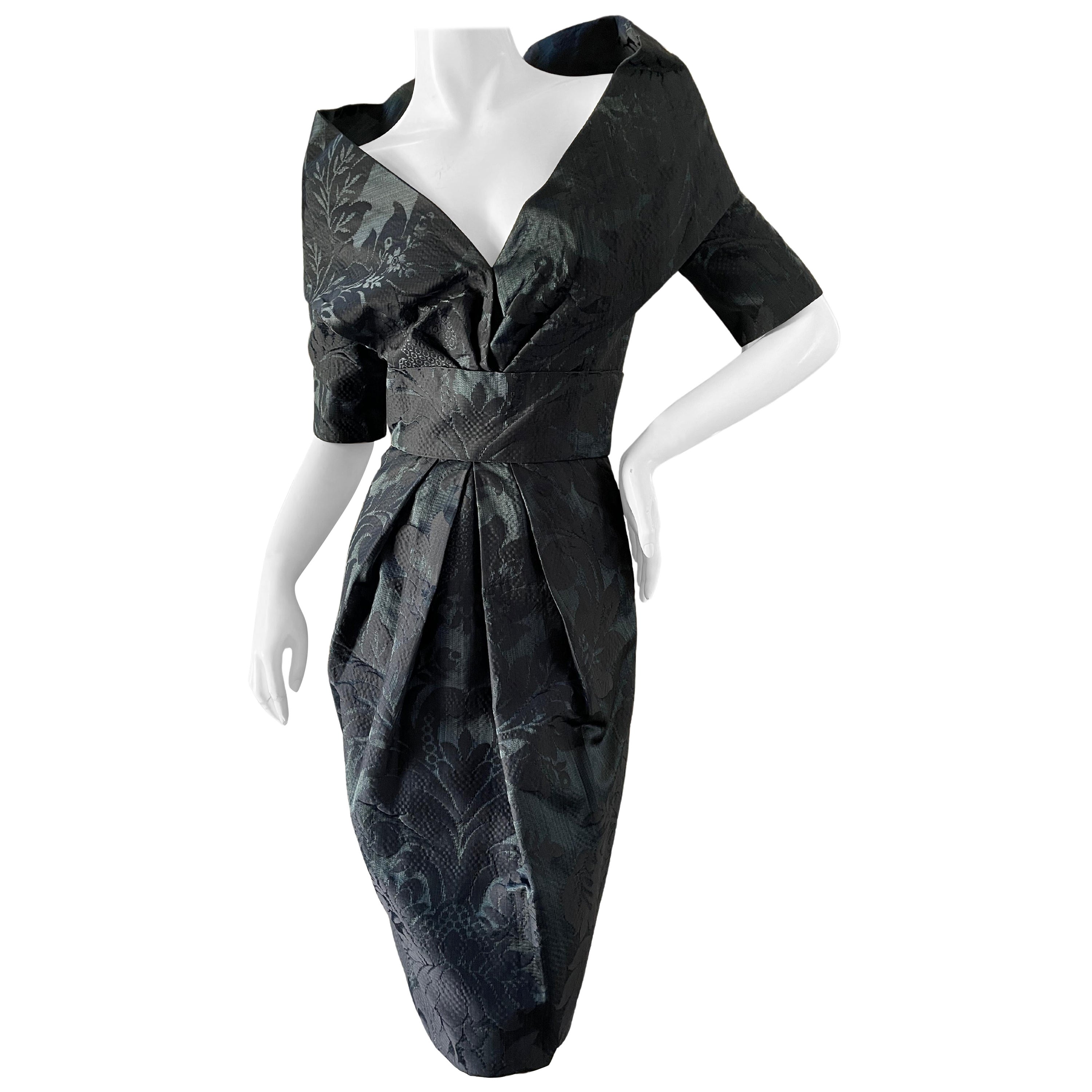 Oscar de la Renta Vintage Teal & Black Jacquard Cocktail Dress w Portrait Collar For Sale
