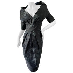 Oscar de la Renta Vintage Teal & Black Jacquard Cocktail Dress w Portrait Collar