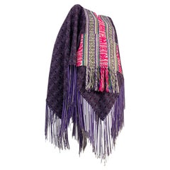Torso Creations Wool & Silk Woven Poncho in Purple Pink & Gray w Fringed Hem
