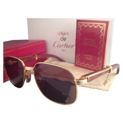 Vintage New Cartier Wood Monceau Gold & Wood 55MM Brown Lenses France Sunglasses
