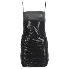 Alexander Wang Leather Paneled Ruched Sequined Mini Dress Us 6 Uk 10