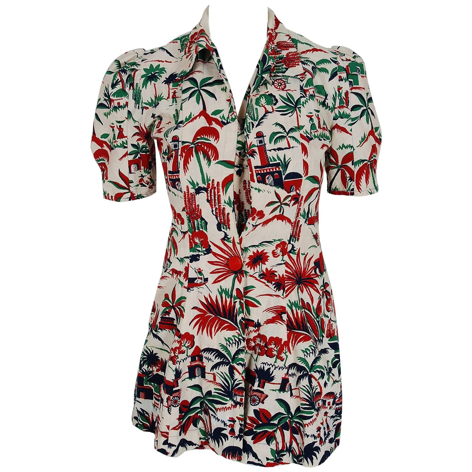 1940's Caribbean Novelty Print Linen Halter Playsuit Romper and Puff ...