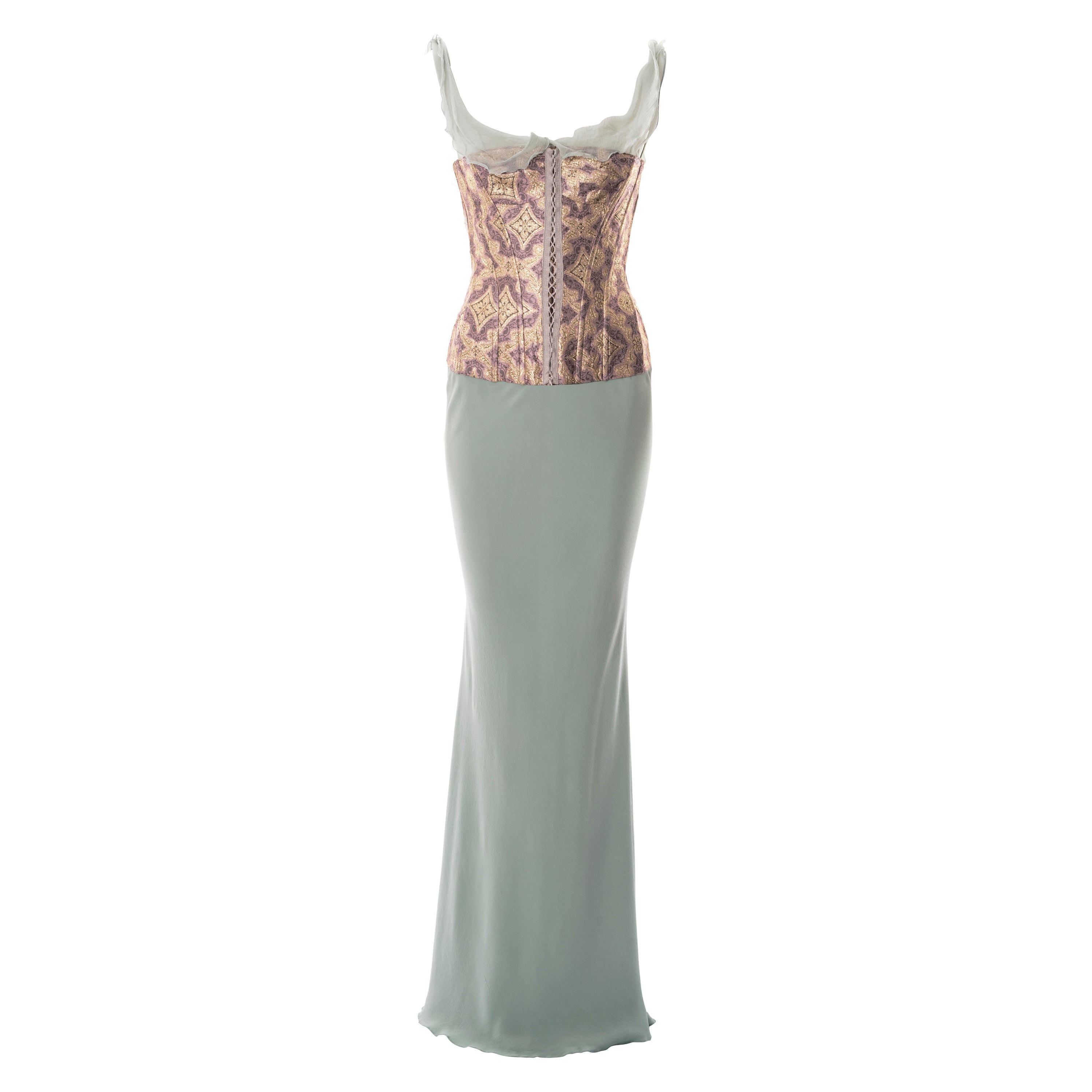 John Galliano teal bias cut silk evening dress with brocade corset, ss 2003 For Sale