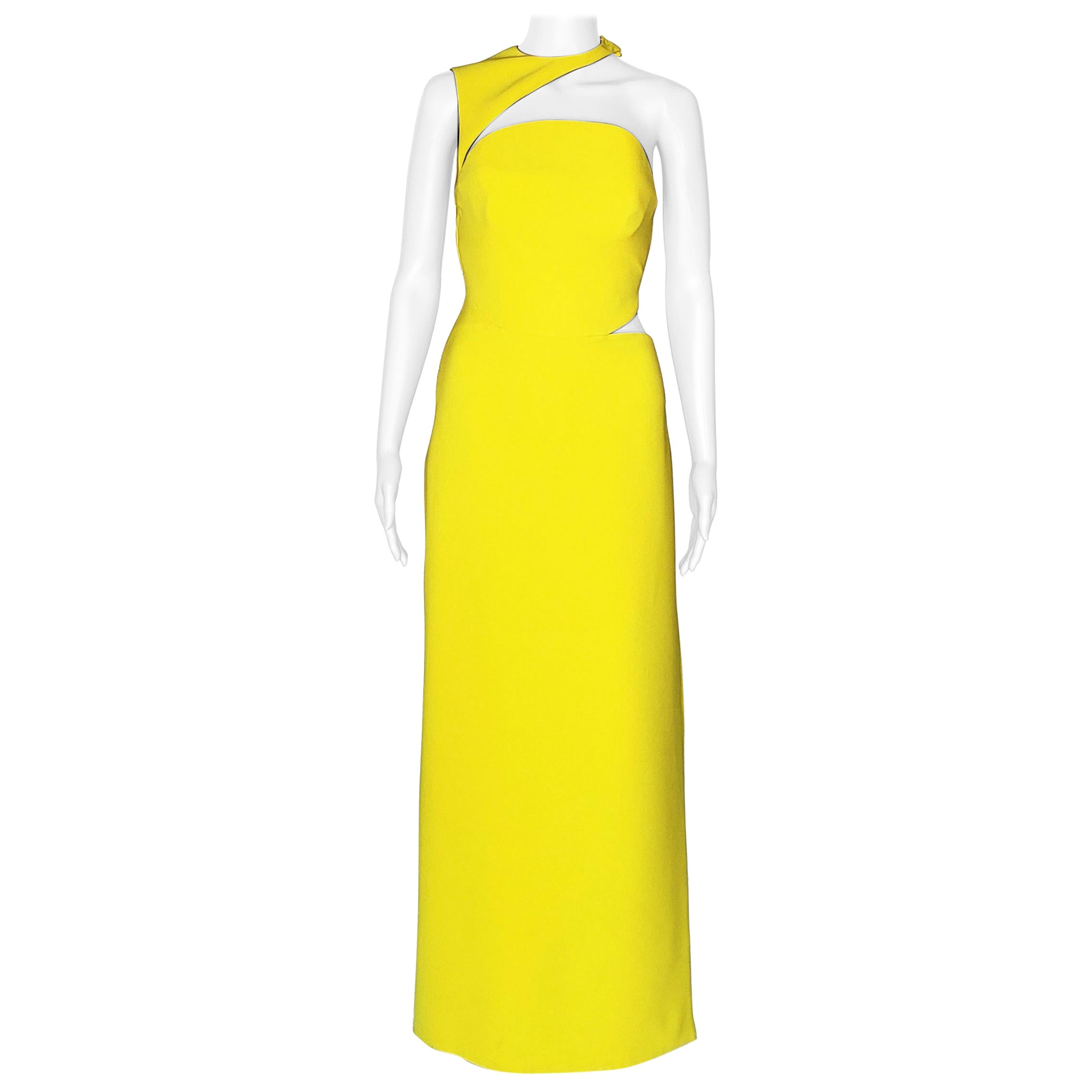F/W 2015 L#44 VERSACE Yellow CUTOUT SILK LONG DRESS 38 For Sale