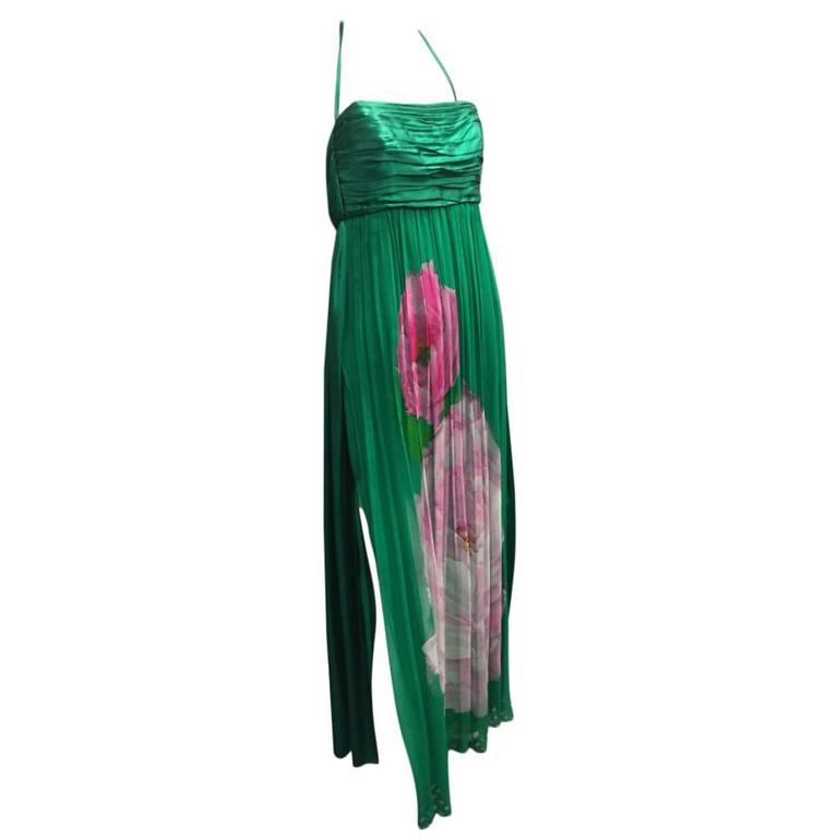 James Galanos Emerald Green Silk Chiffon Floral Print Halter Evening
