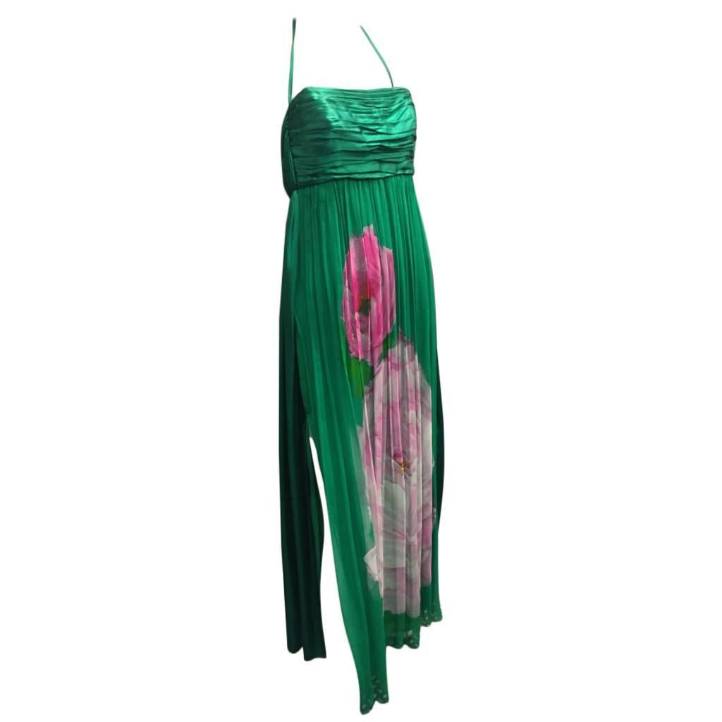 James Galanos Emerald Green Silk Chiffon Floral Print Halter Evening Gown