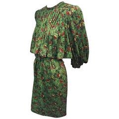 Vintage 1980s Stanley Platos Silk Print Day Dress with Pleated Overlay