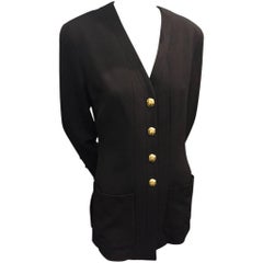 1980s Chanel Black Faille Collarless Jacket with Pockets and Shamrock Buttons