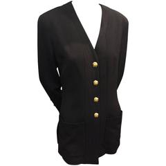 1980s Chanel Black Faille Collarless Jacket with Pockets and Shamrock Buttons 12
