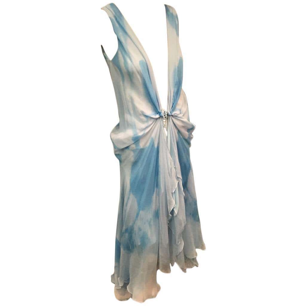 Donna Karan Watercolor Silk Chiffon Draped Blue Slip Dress at 1stDibs ...