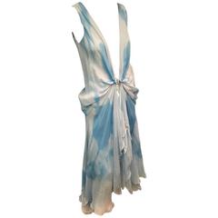  Donna Karan Watercolor Silk Chiffon Draped Blue Slip Dress