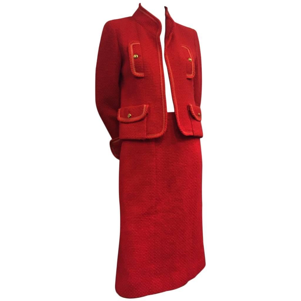 1980s Chanel Cardinal Red Tweed Skirt Suit w/ Braid Trim and Shamrock ...