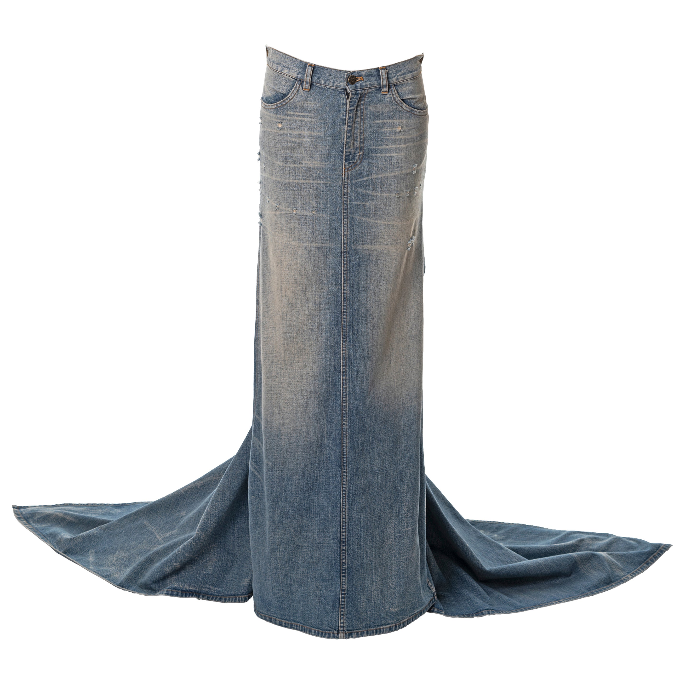 Ralph Lauren sandwashed denim maxi skirt with train, ss 2003 For Sale at  1stDibs