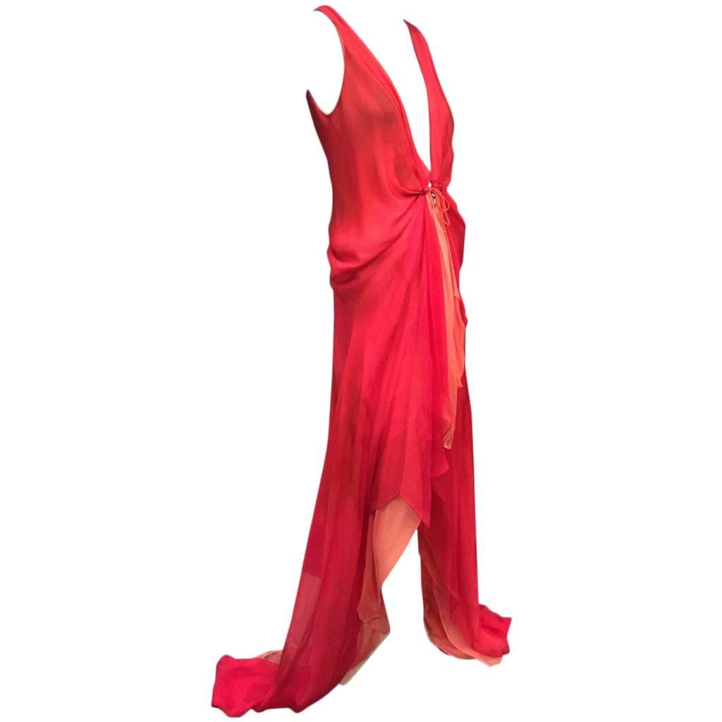  Donna Karan 2-Toned Silk Chiffon Plunging Slip Gown