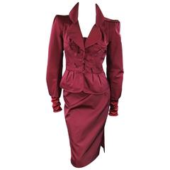 Yves Saint Laurent By Tom Ford Burgundy Silk Satin Skirt Suit, Fall 2004 