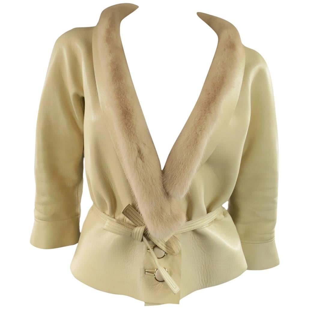 MARC JACOBS Size 6 Beige Leather Mink Collar Cropped Jacket