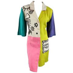 JEAN-CHARLES DE CASTELBAJAC Size 8 Color Block Linen Cartoon Print Coat Dress