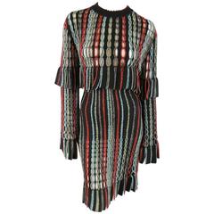 ALAIA Size L Black & Earth Tone Dot Striped Cutout Knit Fringe Dress Circa 1993