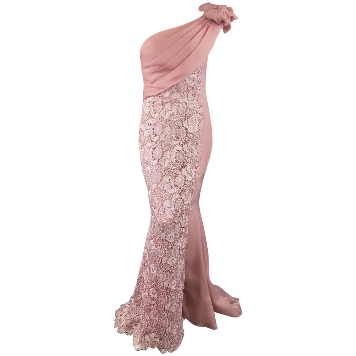 TONY WARD Dress 8 Pink Lace Ruched Shoulder Rufle Evening Gown - Retails $3800