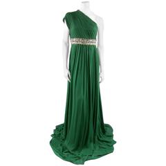 NAEEM KHAN Size 8 Emerald Green Silk Onse Shoulder Crystal Waist Evening Gown