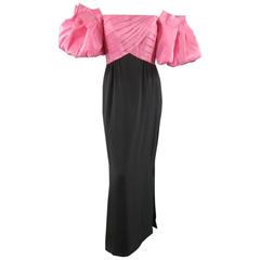 MICHAEL NOVARESE Size 4 Pink & Black Off Shoulder Puff Sleeve Column Gown